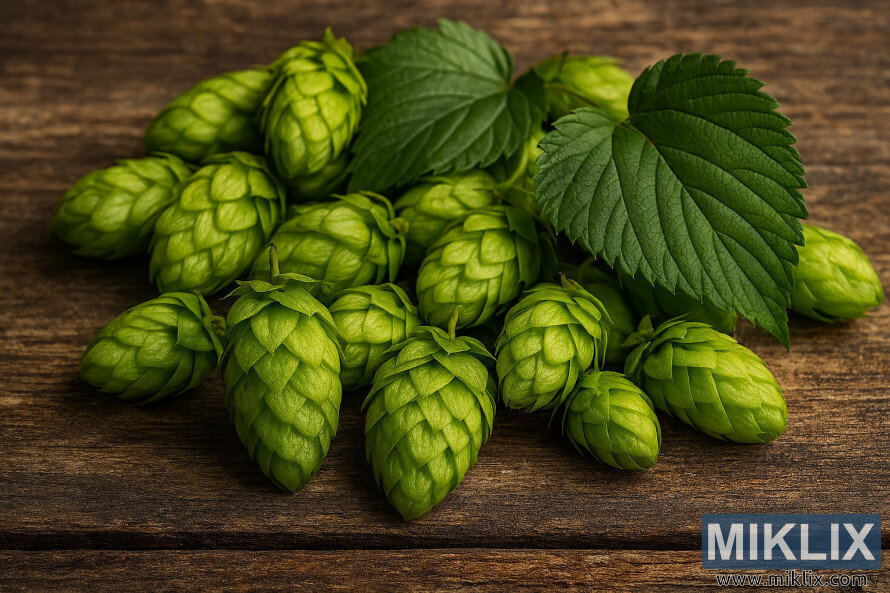 ÄeÅ¡eri i liÅ¡Äe hmelja Green Admiral na izblijedjeloj drvenoj povrÅ¡ini