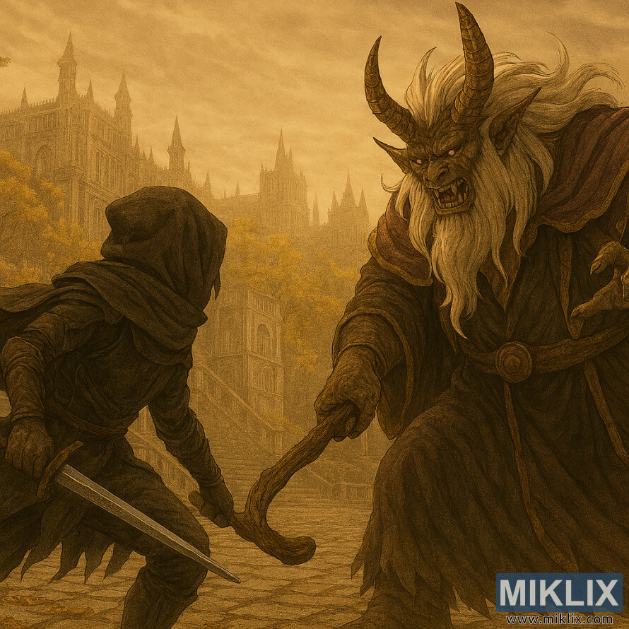 Ilustrasi fantasi realistis Tarnished menghadapi Morgott dengan tongkat di Leyndell Royal Capital