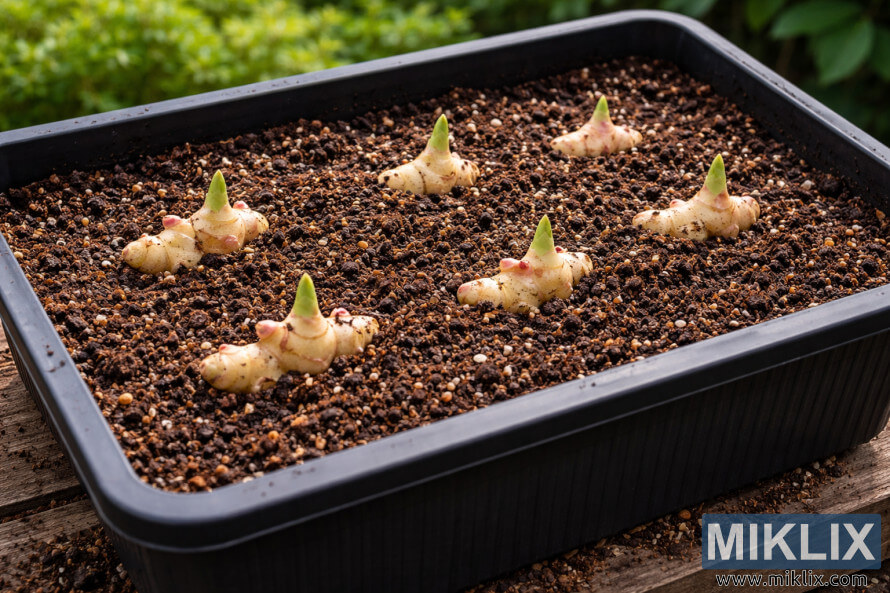 Zwarte rechthoekige pot gevuld met voedzame aarde en gedeeltelijk blootliggende gemberwortelstokken die buiten beginnen uit te lopen. Zwarte rechthoekige pot gevuld met voedzame aarde en gedeeltelijk blootliggende gemberwortelstokken die buiten beginnen uit te lopen.