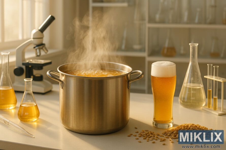 NjÃ« kazan pÃ«r pÃ«rgatitjen e birrÃ«s prej Ã§eliku inox qÃ« avullon me birrÃ« tÃ« artÃ« qÃ« flluskon, i rrethuar nga pajisje laboratori, enÃ« qelqi, grurÃ« tÃ« maltuar dhe njÃ« gotÃ« tÃ« plotÃ« me birrÃ« gruri nÃ« dritÃ« tÃ« ngrohtÃ« natyrale.