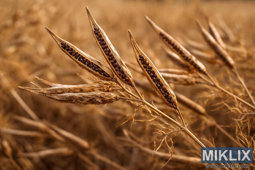 Close-up of mature brown mustard seed pods split open on dry plant stalks in a sunlit field, revealing dark round seeds inside.