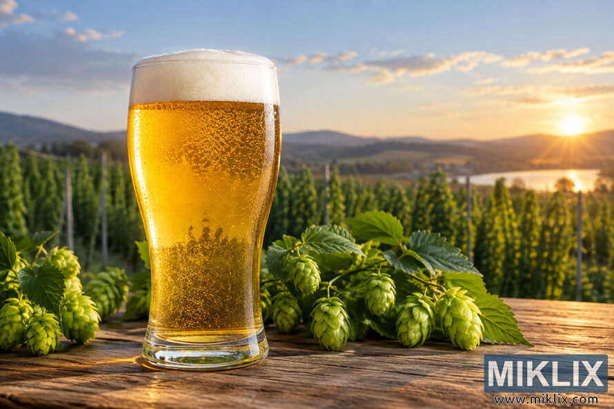 Clear golden craft beer with a creamy white head surrounded by fresh green hop cones on a wooden table, with a hop field, hills, water, and sunset in the background. Clear golden craft beer with a creamy white head surrounded by fresh green hop cones on a wooden table, with a hop field, hills, water, and sunset in the background.