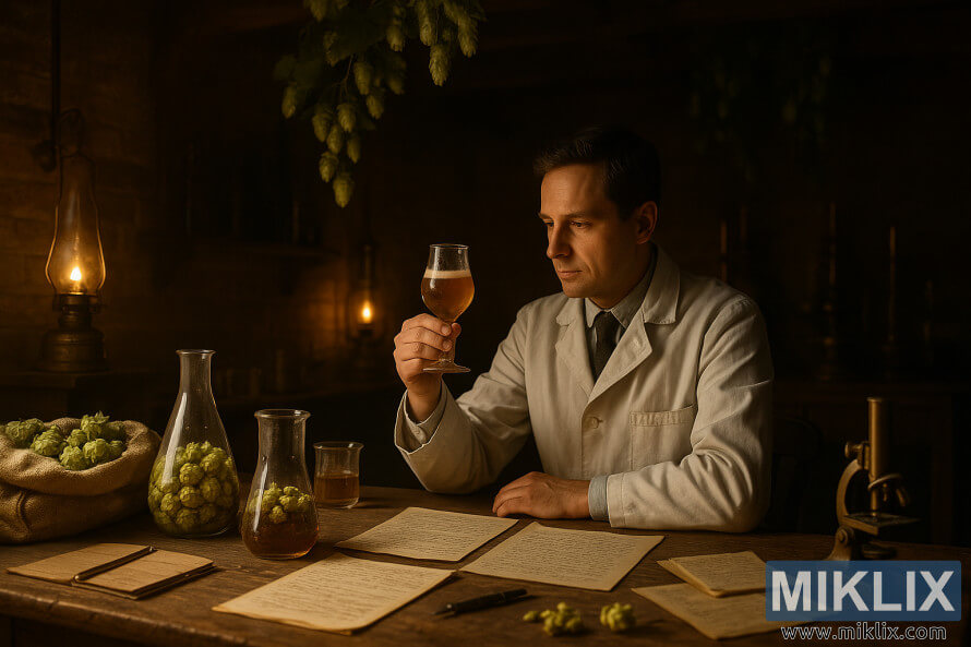 Brouwerijlaboratorium uit de 19e eeuw met onderzoeker die Keyworth's Early Hops onderzoekt.