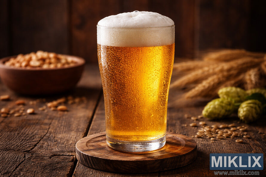 A frothy glass of golden North American lager with condensation, set on a rustic wooden table with hops and wheat in the background. A frothy glass of golden North American lager with condensation, set on a rustic wooden table with hops and wheat in the background.