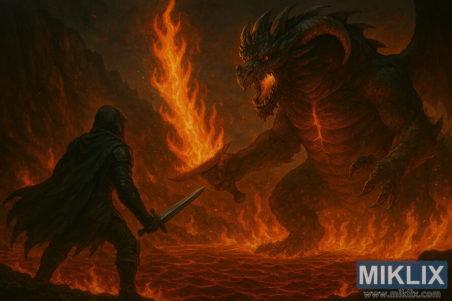 HaÆiÆanin fasahar fantasy na Tarnished yana yaÆi da babban Magma Wyrm tare da takobi mai zafi a cikin Elden Ring