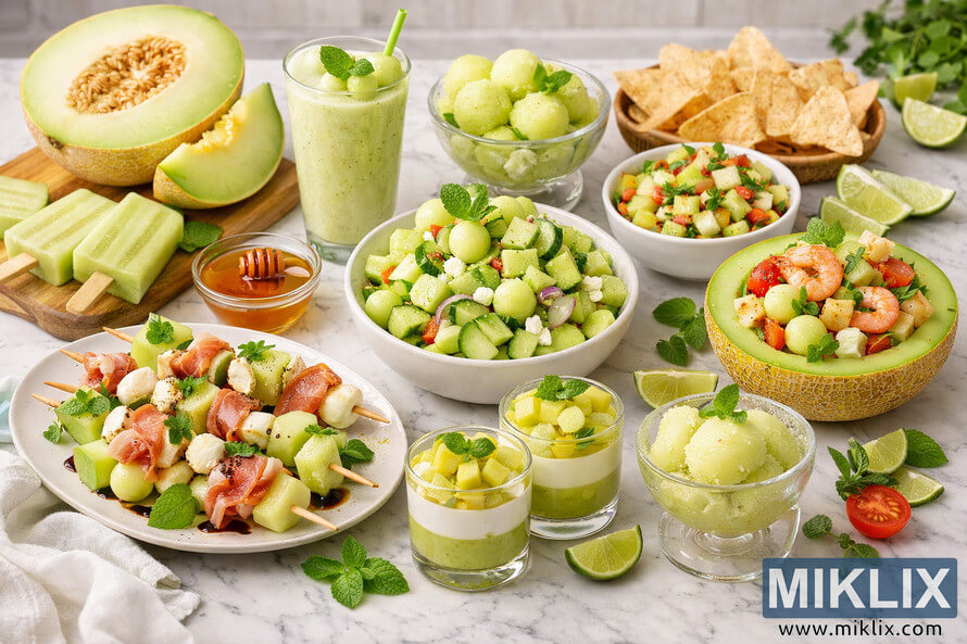 A bright kitchen countertop filled with various honeydew melon dishes including salads, smoothies, sorbet, skewers, and popsicles arranged neatly with mint leaves and lime wedges. A bright kitchen countertop filled with various honeydew melon dishes including salads, smoothies, sorbet, skewers, and popsicles arranged neatly with mint leaves and lime wedges.