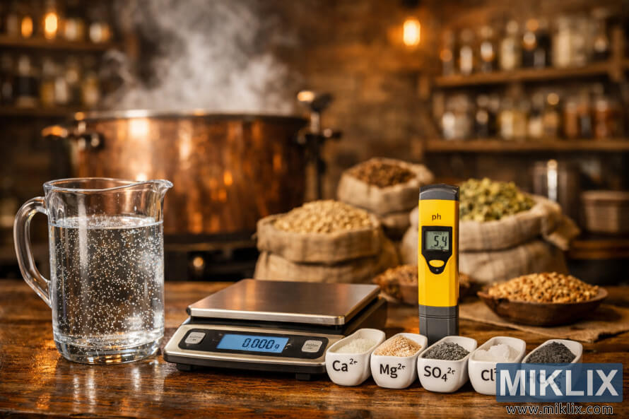 Artistic brewing scene showing a glass pitcher of sparkling water, a digital scale and pH meter in the foreground, a steaming copper mash tun with grains and hops in the middle ground, and warm amber-lit shelves of brewing supplies in the background.