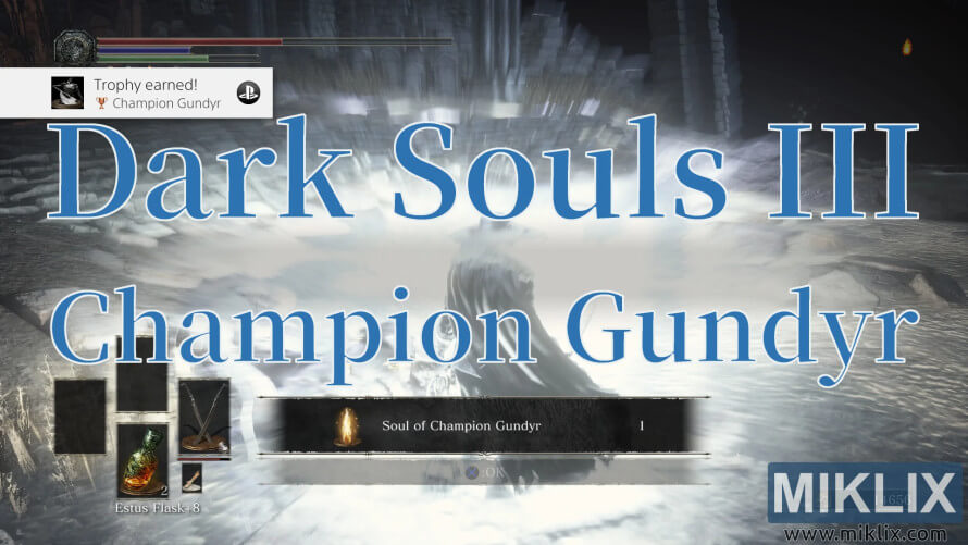 Dark Souls III screenshot showing victory over Champion Gundyr with trophy and soul reward. Dark Souls III screenshot showing victory over Champion Gundyr with trophy and soul reward.