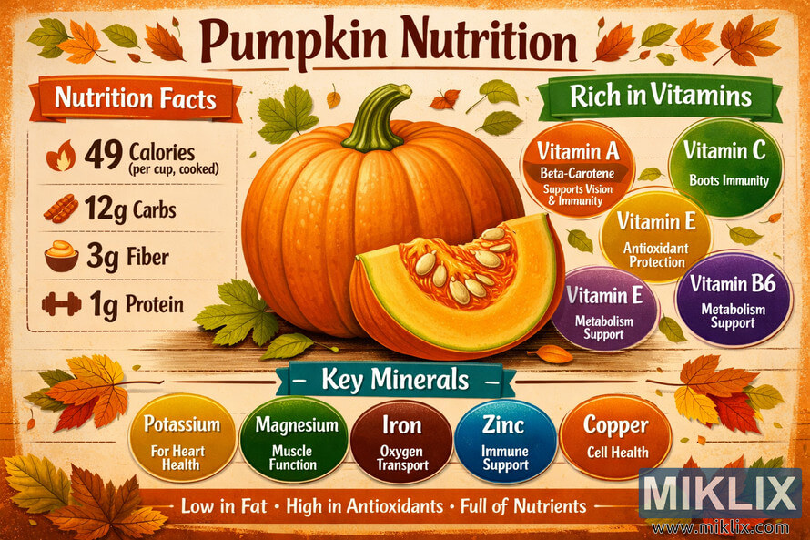 Colorful infographic showing pumpkin nutritional values with vitamins and minerals, featuring a central pumpkin illustration surrounded by labeled nutrient icons and sections for calories, vitamins, and minerals.