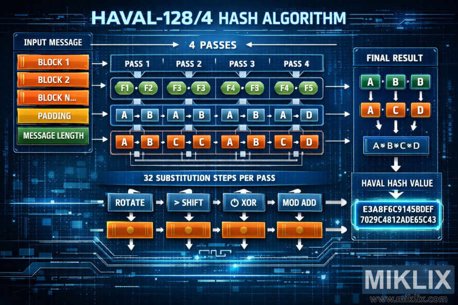 HAVAL-128/4 हैश एल्गोरिदम का इन्फोग्राफिक-स्टाइल डायग्राम, जिसमें इनपुट मैसेज ब्लॉक, पैडिंग और लंबाई, फंक्शन स्टेप्स के साथ चार पास, सब्स्टिट्यूशन ऑपरेशन और एक फाइनल 128-bit हैश वैल्यू आउटपुट दिखाया गया है।