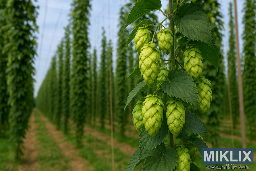 Arxa planda hÃ¼ndÃ¼r Ã§ardaqlar vÉ hop cÉrgÉlÉri olan yaÅÄ±l Kalipso hop konuslarÄ±nÄ±n yaxÄ±ndan gÃ¶rÃ¼nÃ¼ÅÃ¼.