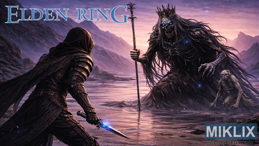 Fan art of Black Knife armor-clad player confronting Demi-Human Queen Marigga on the Cerulean Coast in Elden Ring: Shadow of the Erdtree Fan art of Black Knife armor-clad player confronting Demi-Human Queen Marigga on the Cerulean Coast in Elden Ring: Shadow of the Erdtree
