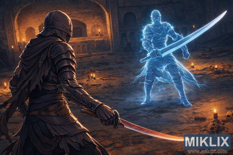 Anime-style fan art showing the Tarnished in Black Knife armor facing a ghostly blue knight with a great katana inside the Eastern Nameless Mausoleum, moments before combat. Anime-style fan art showing the Tarnished in Black Knife armor facing a ghostly blue knight with a great katana inside the Eastern Nameless Mausoleum, moments before combat.