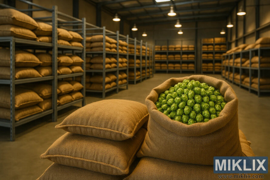 Stacked burlap bags of Motueka hops in a spacious, well-lit storage facility with organized racks and shelves.