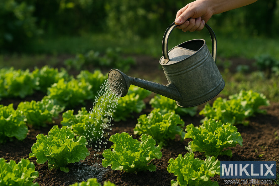A hand holding a watering can, showering water over rows of green lettuce plants in a garden.
