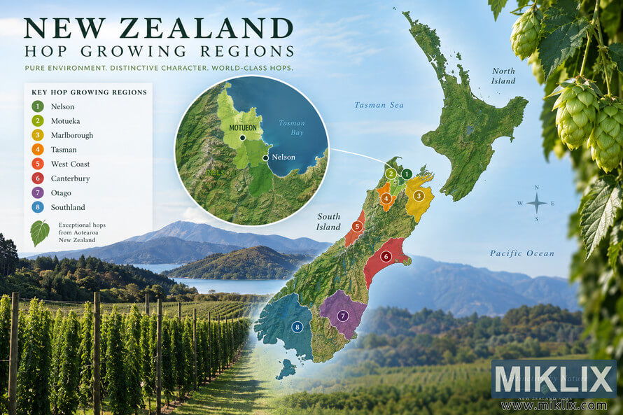 Landscape infographic map of New Zealand hop-growing regions, highlighting Nelson and Motueka near Tasman Bay with a magnified inset, regional markers, hop fields, mountains, and green hop cones. Landscape infographic map of New Zealand hop-growing regions, highlighting Nelson and Motueka near Tasman Bay with a magnified inset, regional markers, hop fields, mountains, and green hop cones.
