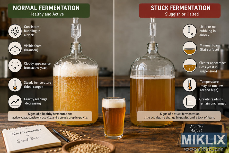 Side-by-side infographic comparing normal and stuck beer fermentation using two glass carboys, with differences in bubbling, foam, clarity, temperature, and gravity readings.