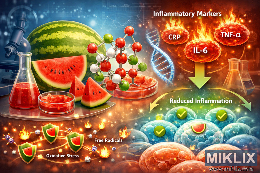 Scientific illustration showing watermelon antioxidants reducing inflammatory markers with molecular structures, DNA helix, and cellular effects. Scientific illustration showing watermelon antioxidants reducing inflammatory markers with molecular structures, DNA helix, and cellular effects.