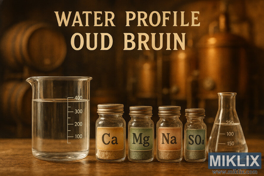 Glass beakers and mineral jars in a rustic brewery, illustrating water chemistry for Oud Bruin beer Glass beakers and mineral jars in a rustic brewery, illustrating water chemistry for Oud Bruin beer