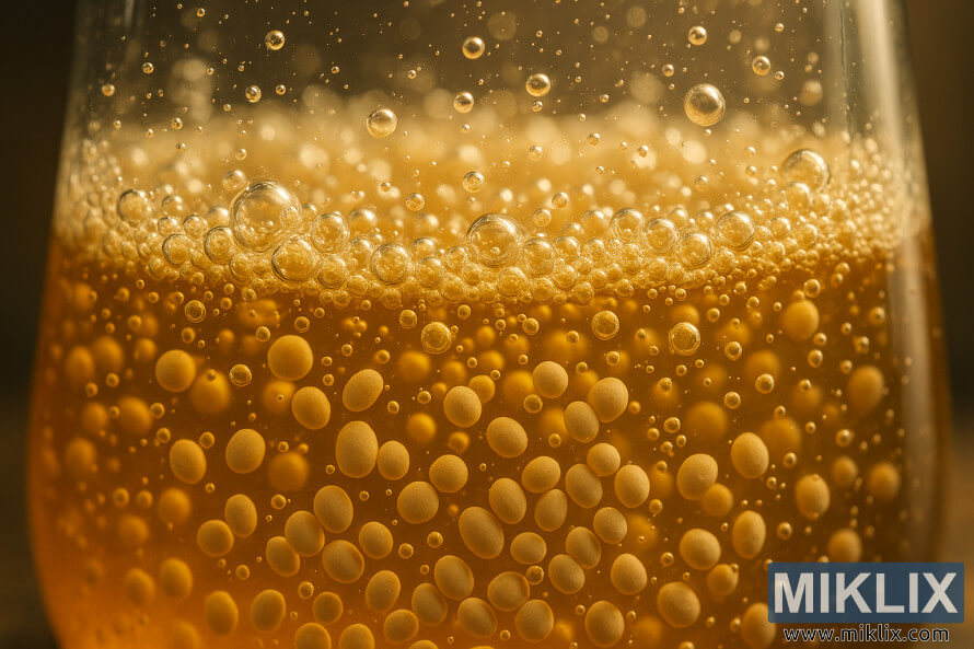 Prim-plan al drojdiei de bere care fermenteazÄ activ Ã®ntr-un vas de sticlÄ aurie, cu bule.