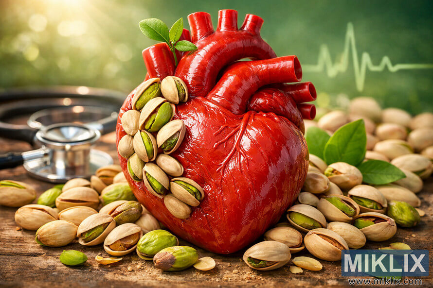 A vivid red anatomical heart surrounded by pistachio nuts and green leaves, symbolizing cardiovascular health benefits.