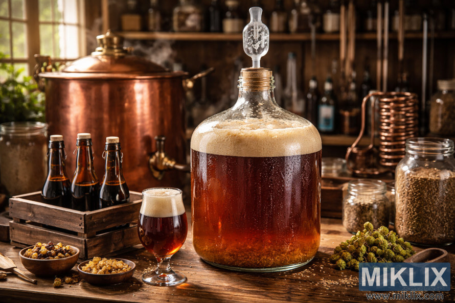 Glass carboy fermenting Belgian abbey ale in a rustic homebrewing environment with copper kettle, hops, grains, and bottles