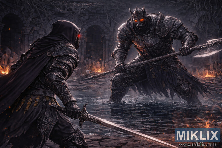 ScenÄ anime fantasticÄ cu un rÄzboinic cu glugÄ Èi armurÄ de umbrÄ, vÄzut din spate, înfruntând un cavaler blindat colosal înarmat cu o halebardÄ, într-o arenÄ inundatÄ Èi ruinatÄ, înainte de luptÄ. ScenÄ anime fantasticÄ cu un rÄzboinic cu glugÄ Èi armurÄ de umbrÄ, vÄzut din spate, înfruntând un cavaler blindat colosal înarmat cu o halebardÄ, într-o arenÄ inundatÄ Èi ruinatÄ, înainte de luptÄ.