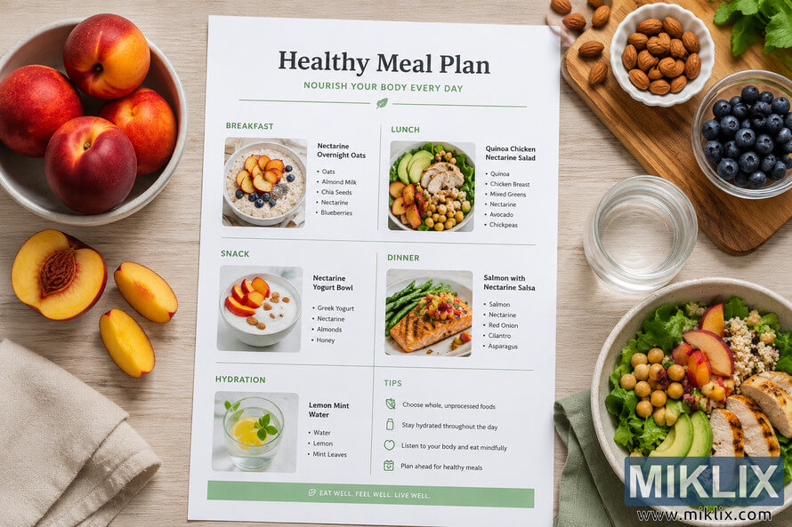 Top-down landscape photo of a healthy meal planning guide surrounded by fresh nectarines, almonds, blueberries, salad bowls, yogurt, salmon, and hydration ingredients on a light wooden table. Top-down landscape photo of a healthy meal planning guide surrounded by fresh nectarines, almonds, blueberries, salad bowls, yogurt, salmon, and hydration ingredients on a light wooden table.