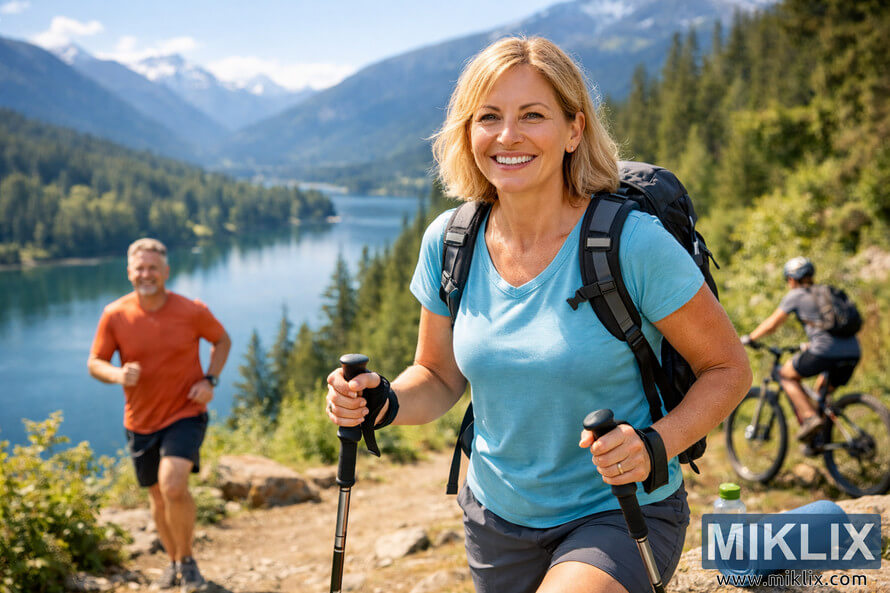 A smiling woman hiking on a sunlit mountain trail with a lake and forest in the background, accompanied by a jogger and cyclist, symbolizing reduced joint inflammation and an active lifestyle. A smiling woman hiking on a sunlit mountain trail with a lake and forest in the background, accompanied by a jogger and cyclist, symbolizing reduced joint inflammation and an active lifestyle.