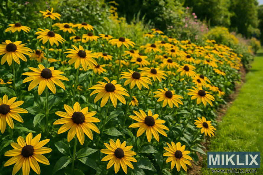 Susans aux yeux noirs jaune vif avec des centres foncÃ©s fleurissant dans une bordure de jardin dâÃ©tÃ© ensoleillÃ©e.