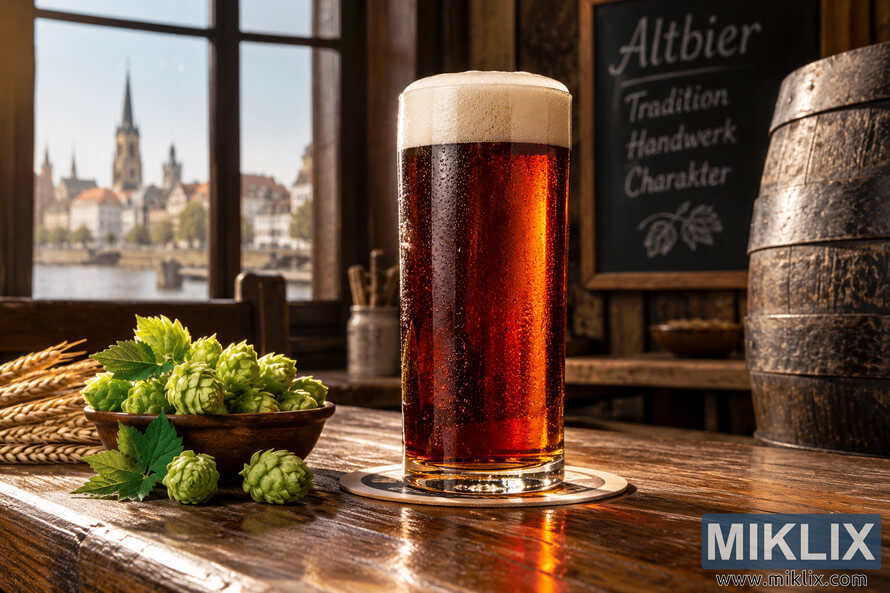 Tall glass of dark amber German Altbier with creamy foam and condensation on a rustic wooden tavern table, surrounded by fresh green hops and barley, with a wooden barrel, Altbier chalkboard, and softly blurred historic riverside cityscape in the background.