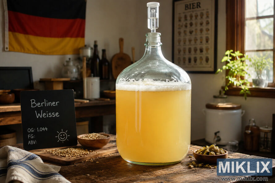 A glass carboy filled with fermenting Berliner Weisse style beer sits on a weathered wooden table in a warm, rustic homebrewing room inspired by traditional German interiors. Surrounding the fermenter are brewing grains, hops, wooden utensils, and vintage-style brewing decor illuminated by natural window light. A glass carboy filled with fermenting Berliner Weisse style beer sits on a weathered wooden table in a warm, rustic homebrewing room inspired by traditional German interiors. Surrounding the fermenter are brewing grains, hops, wooden utensils, and vintage-style brewing decor illuminated by natural window light.