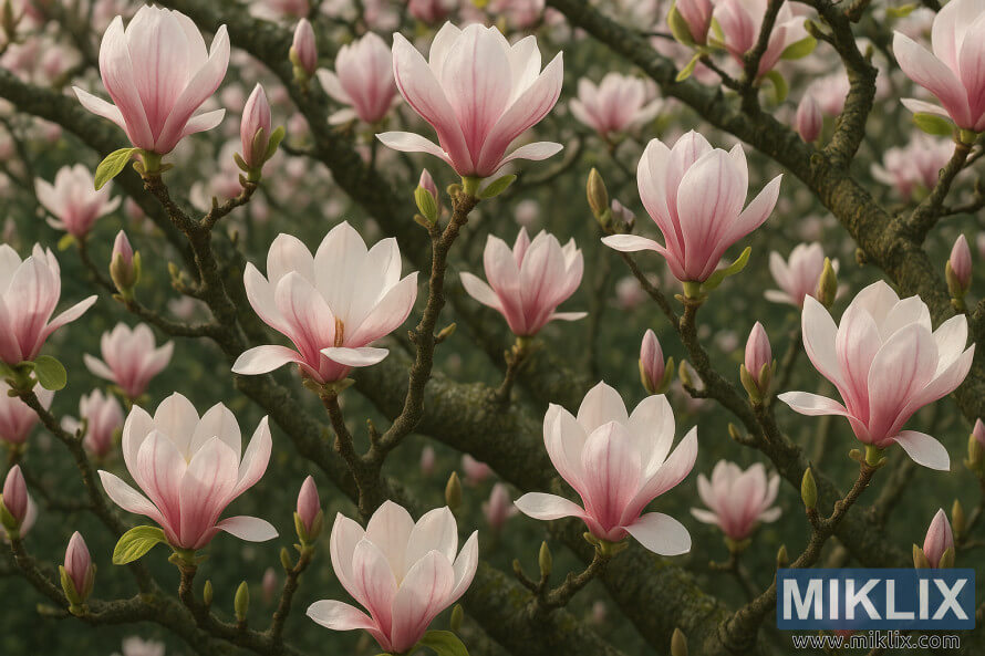 Magnolia en pleine floraison avec des fleurs roses et blanches dans une lumiÃ¨re douce.