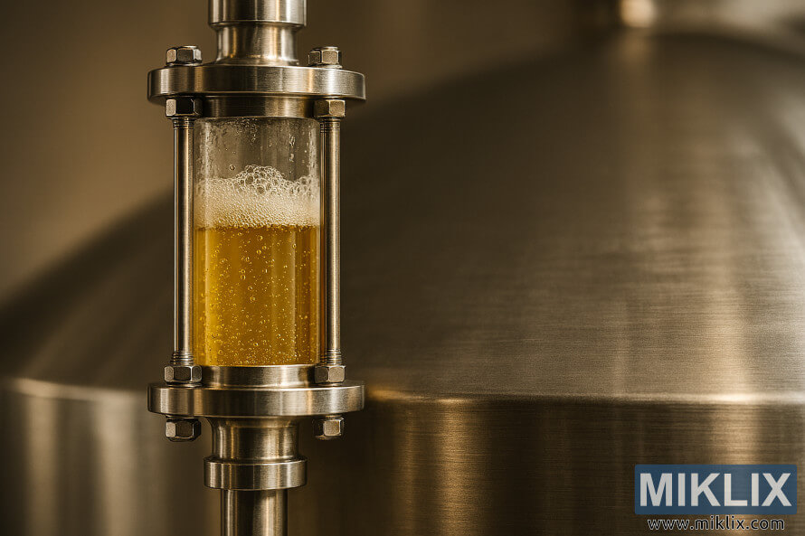 Close-up of a stainless steel fermentation vessel with bubbling golden beer inside a sight glass Close-up of a stainless steel fermentation vessel with bubbling golden beer inside a sight glass