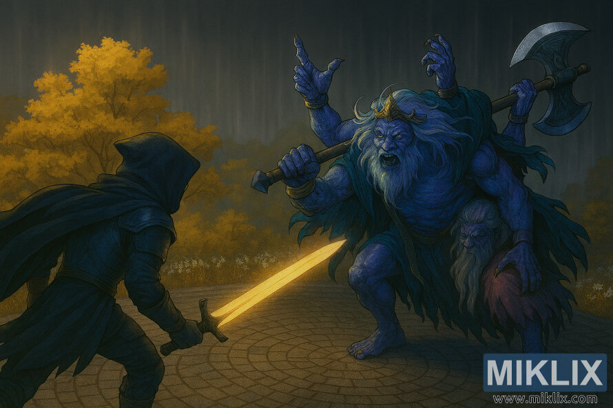 Seni peminat Elden Ring separa realistik bagi Tarnished yang bertarung dengan Godefroy the Grafted di arena musim luruh keemasan