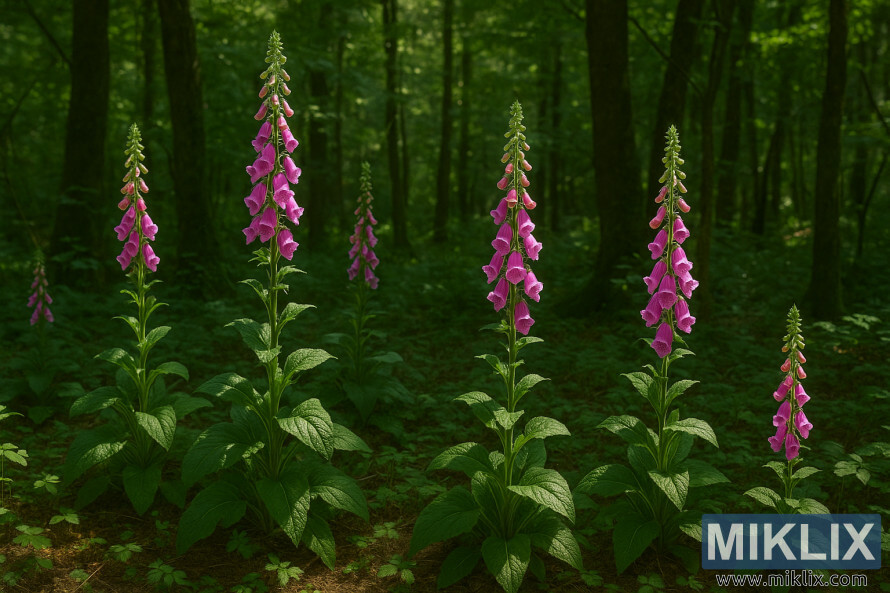 Des digitales roses poussant sur un sol forestier ombragÃ© avec une lumiÃ¨re tachetÃ©e filtrant Ã  travers les arbres.