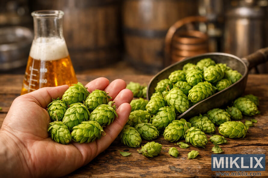 Close-up of a hand holding fresh green Hüller Bitterer hops on a rustic wooden table, with a glass beaker of golden beer and blurred brewery barrels in the background. Close-up of a hand holding fresh green Hüller Bitterer hops on a rustic wooden table, with a glass beaker of golden beer and blurred brewery barrels in the background.