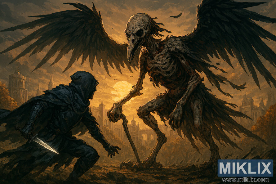 Isithombe sesitayela se-anime se-Tarnished fighting skeletal Deathbird e-Elden Ring's Capital Outskirts