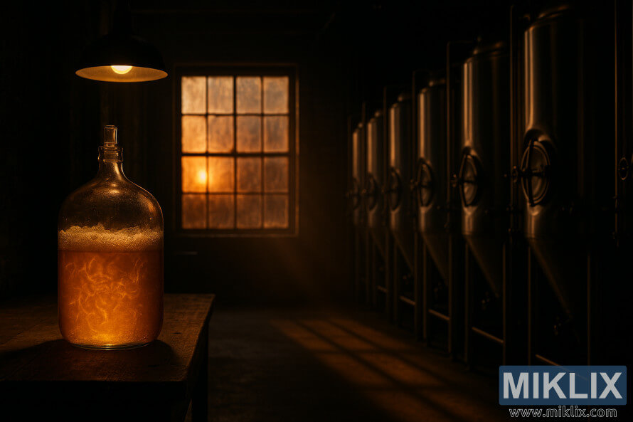 A dim brewery interior with a glowing carboy on a wooden workbench and fermentation tanks in warm sunset light. A dim brewery interior with a glowing carboy on a wooden workbench and fermentation tanks in warm sunset light.