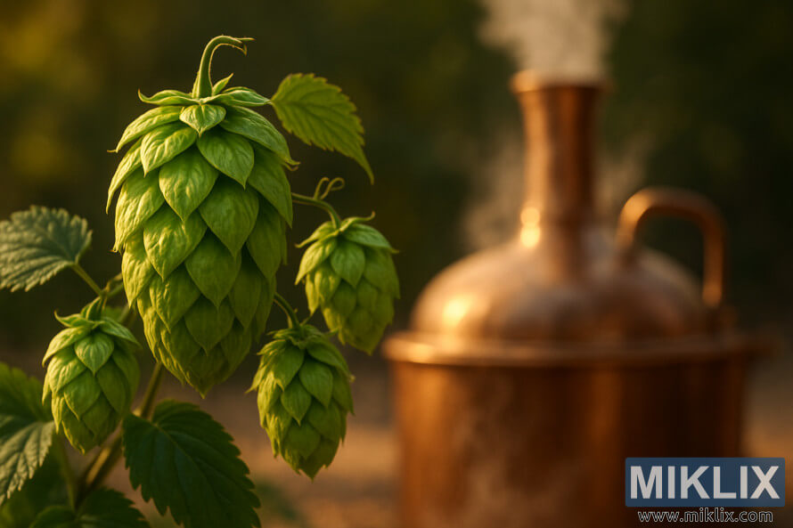 ArxasÄ±nda buxarlanan mis Ã§aydanÄ± olan Yakima Cluster hop konuslarÄ±nÄ±n yaxÄ±ndan gÃ¶rÃ¼nÃ¼ÅÃ¼.