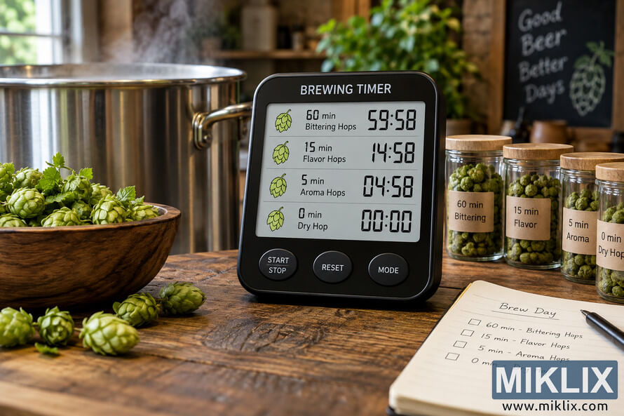 Landscape photo of a digital brewing timer displaying 60-, 15-, 5-, and 0-minute hop additions beside a steaming brewing kettle, fresh hops, labeled hop jars, and a brew-day checklist on a rustic wooden table. Landscape photo of a digital brewing timer displaying 60-, 15-, 5-, and 0-minute hop additions beside a steaming brewing kettle, fresh hops, labeled hop jars, and a brew-day checklist on a rustic wooden table.