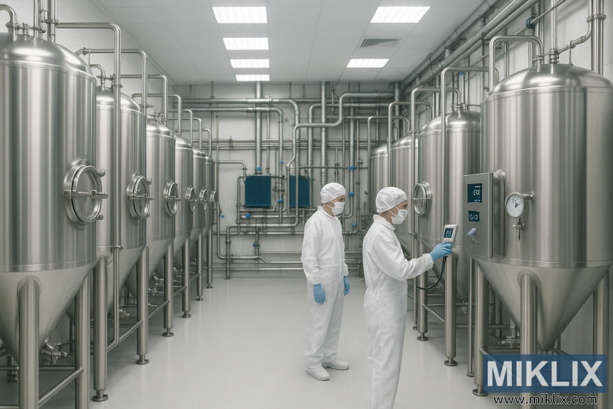 Moderne lagergÃ¦ranlÃ¦g med rustfri tanke og teknikere i renrumstÃ¸j.