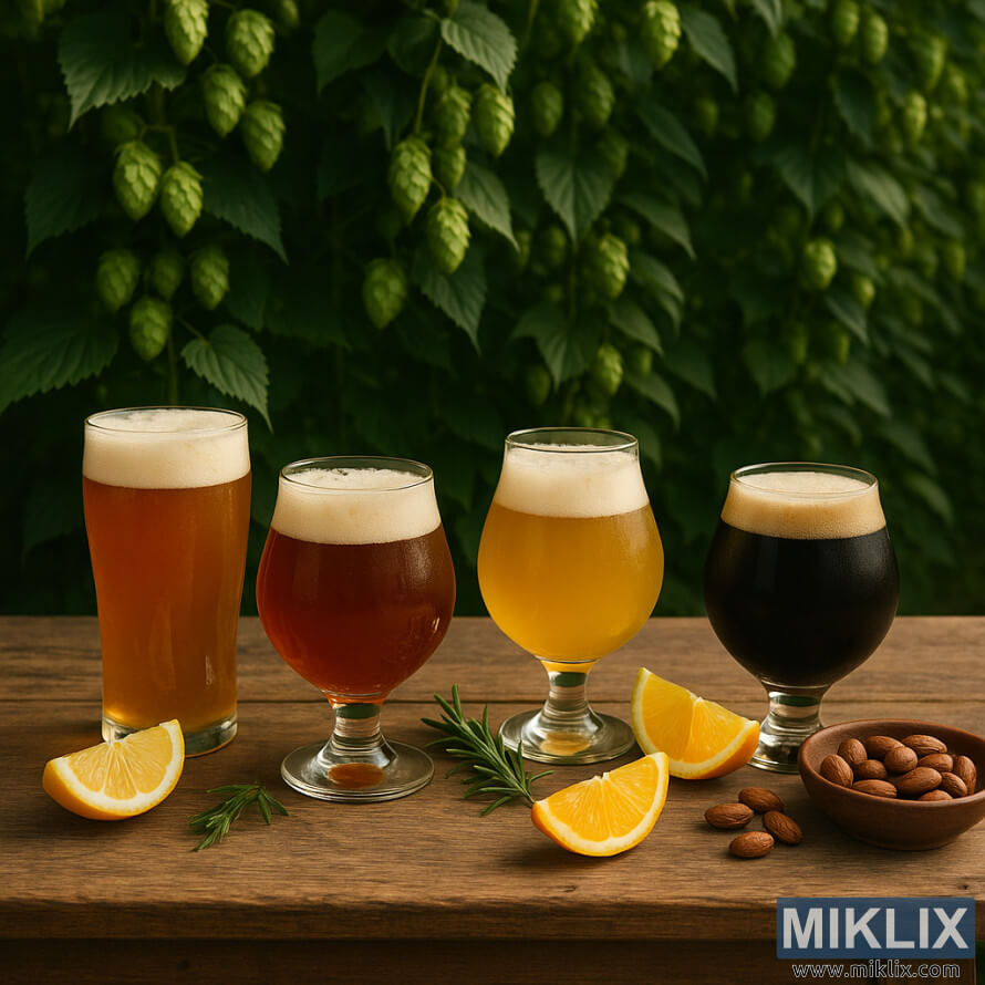 Sekawan bir kerajinan ing meja kayu pedesaan kanthi irisan jeruk, rosemary, lan almond, dipasang ing latar mburi wit hop ijo sing subur.