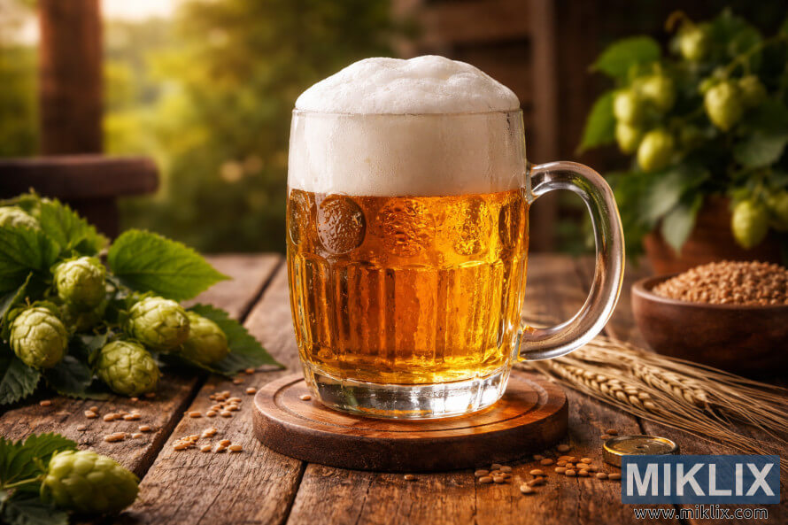 Frosty glass mug of golden Czech lager with a thick white foam head on a rustic wooden table, surrounded by hops and barley in warm natural light. Frosty glass mug of golden Czech lager with a thick white foam head on a rustic wooden table, surrounded by hops and barley in warm natural light.