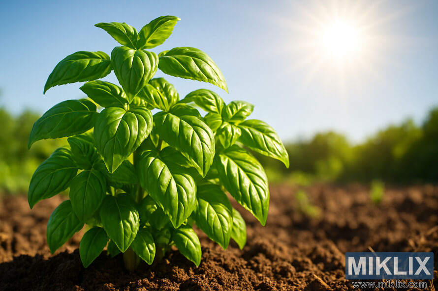 Uma planta de manjericão viçosa crescendo em solo fértil sob sol pleno e intenso. Uma planta de manjericão viçosa crescendo em solo fértil sob sol pleno e intenso.