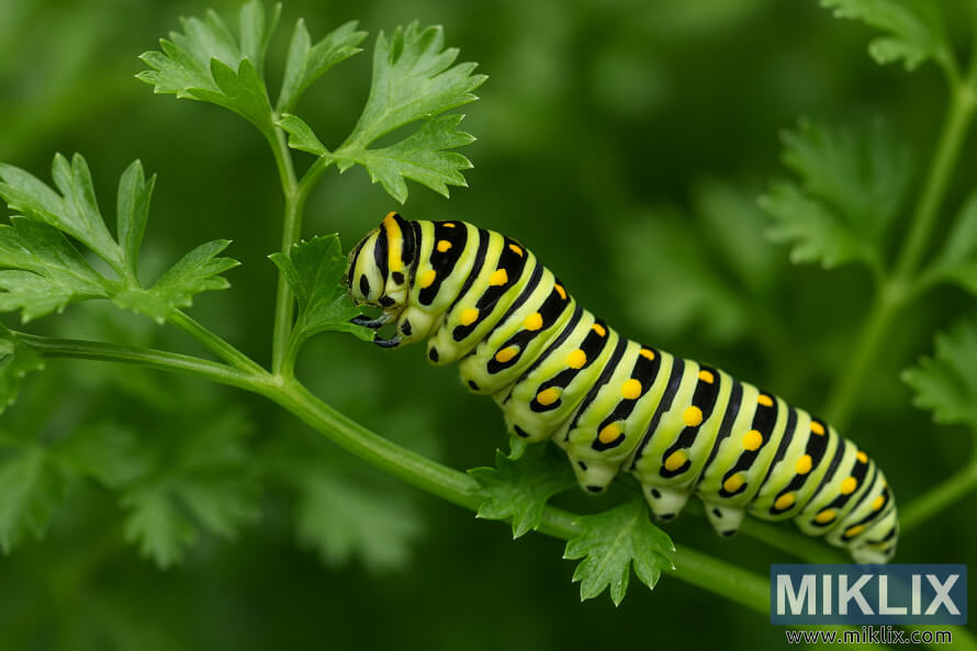 Une chenille Ã  queue dâhirondelle noire se nourrissant de feuilles de persil vert Ã©clatant dans un jardin