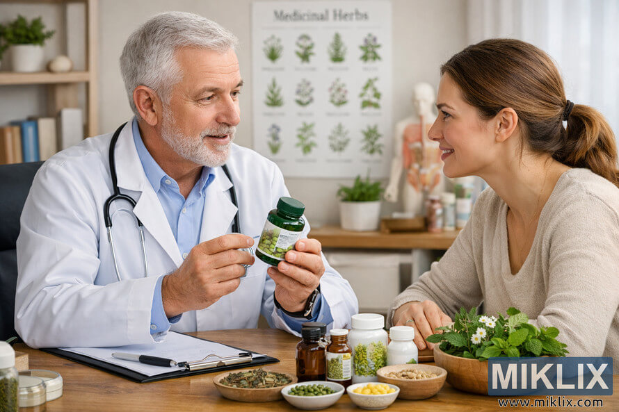Older male doctor in a white lab coat consulting with a younger woman in a bright medical office, holding a green bottle of herbal capsules while various unbranded herbal supplement bottles, dried herbs, capsules, tablets, and a bowl of fresh herbs sit on a wooden desk between them, with a medicinal herbs chart and anatomical diagrams visible in the background. Older male doctor in a white lab coat consulting with a younger woman in a bright medical office, holding a green bottle of herbal capsules while various unbranded herbal supplement bottles, dried herbs, capsules, tablets, and a bowl of fresh herbs sit on a wooden desk between them, with a medicinal herbs chart and anatomical diagrams visible in the background.