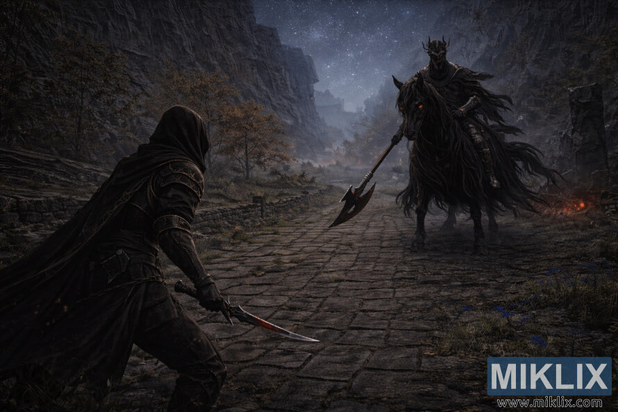 Ð¢ÐµÐ¼Ð½Ð°, Ð¿Ð¾Ð»ÑÑÐµÐ°Ð»Ð¸ÑÑÐ¸ÑÐ½Ð° ÑÐ°Ð½-Ð°ÑÑ Ð¾Ð´ ÐÐ»Ð´ÐµÐ½ Ð Ð¸Ð½Ð³ ÐºÐ¾ÑÐ° Ð³Ð¸ Ð¿ÑÐ¸ÐºÐ°Ð¶ÑÐ²Ð° ÐÐ°ÑÐµÐ¼Ð½ÐµÑÐ¸ÑÐµ Ð»ÐµÐ²Ð¾ ÑÐ²ÑÑÐµÐ½Ð¸ ÐºÐ¾Ð½ Ð¸Ð¼Ð¿Ð¾Ð·Ð°Ð½ÑÐ½Ð°ÑÐ° ÐÐ¾ÑÐ½Ð° ÐºÐ¾ÑÐ°Ð½Ð¸ÑÐ° Ð½Ð° ÐÐµÐ»ÑÐ¼ Ð¥Ð°ÑÐ²ÐµÑ, ÑÐ¾ ÑÐ¸ÑÐ¾Ðº Ð¿Ð¾Ð³Ð»ÐµÐ´ Ð½Ð° ÐºÐ°ÑÐ¿Ð¸, Ð¼Ð°Ð³Ð»Ð° Ð¸ ÑÐ²ÐµÐ·Ð´ÐµÐ½Ð¾ Ð½Ð¾ÑÐ½Ð¾ Ð½ÐµÐ±Ð¾.