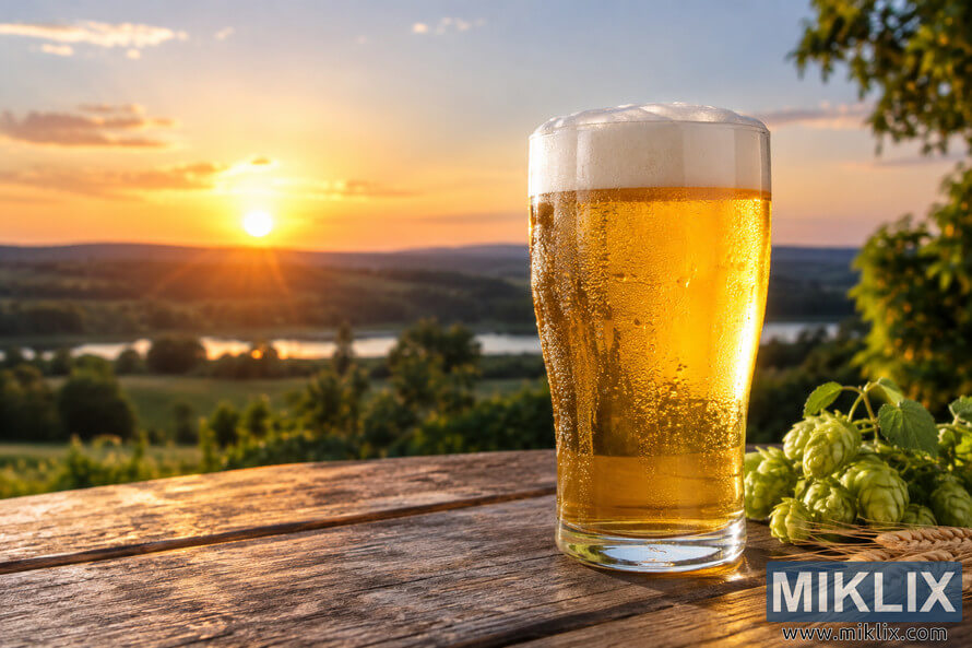 A chilled, unbranded glass of golden blonde ale with a creamy white foam head and condensation stands on a rustic wooden table beside fresh green hops and golden grain, overlooking a softly blurred countryside and water at sunset. A chilled, unbranded glass of golden blonde ale with a creamy white foam head and condensation stands on a rustic wooden table beside fresh green hops and golden grain, overlooking a softly blurred countryside and water at sunset.