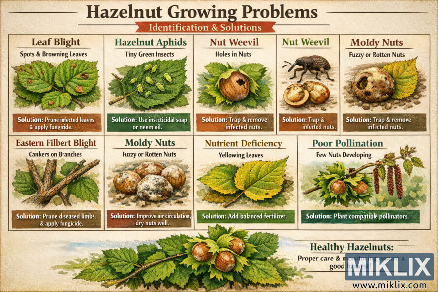 InfogrÃ¡fico ilustrado mostrando problemas comuns no cultivo de avelÃ£s, como queima foliar, pulgÃµes, gorgulhos, nozes mofadas, deficiÃªncia de nutrientes e polinizaÃ§Ã£o inadequada, com sintomas visuais e soluÃ§Ãµes recomendadas.